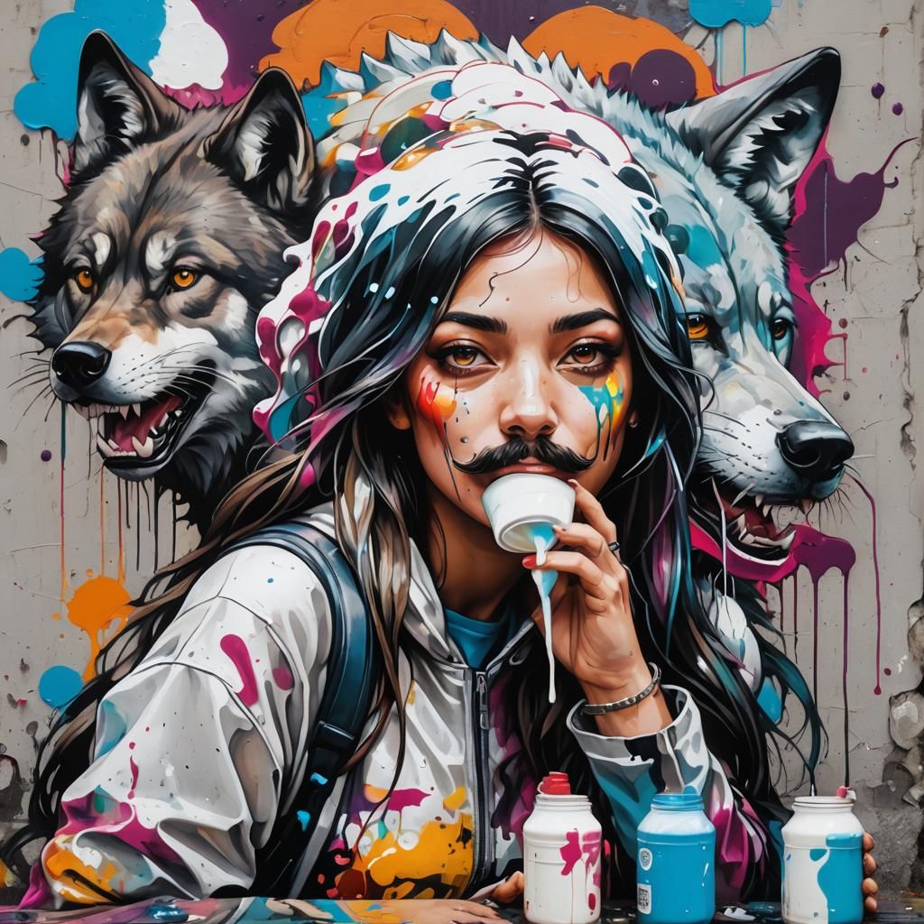 Girl in Shell with Wolf: Graffiti Splash Art