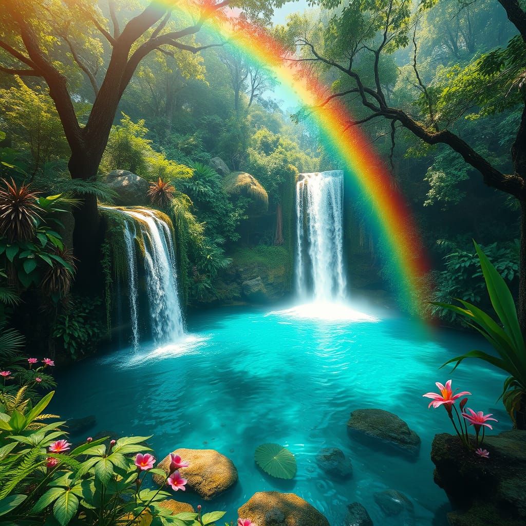 Ethereal Waterfall Scene with Rainbow