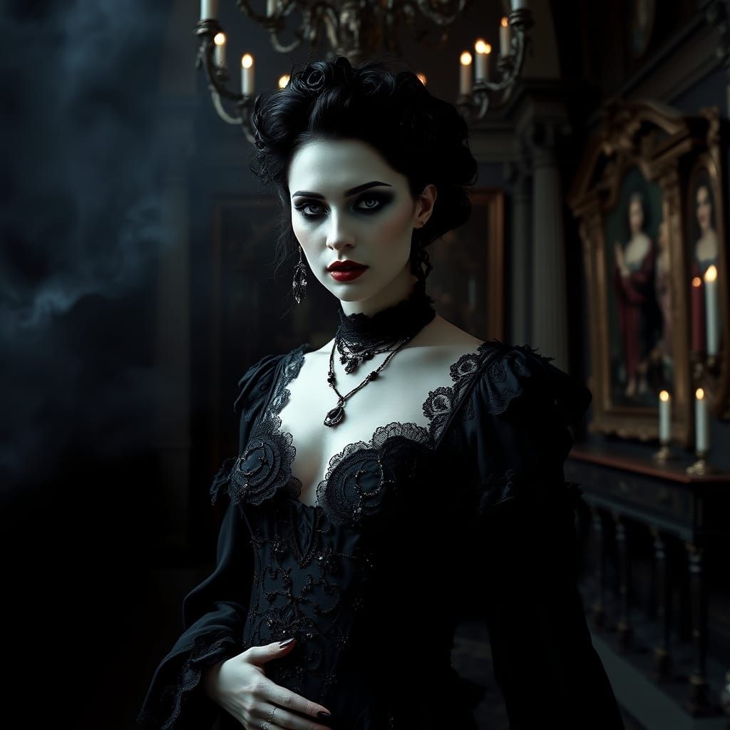Gothic Woman in Shadowy Mansion, Mystical Elegance