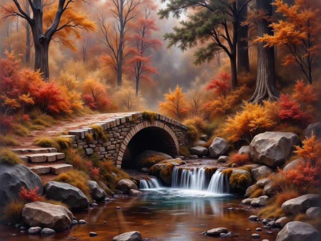 Vintage Stone Bridge Over Stream in Colorful Mist