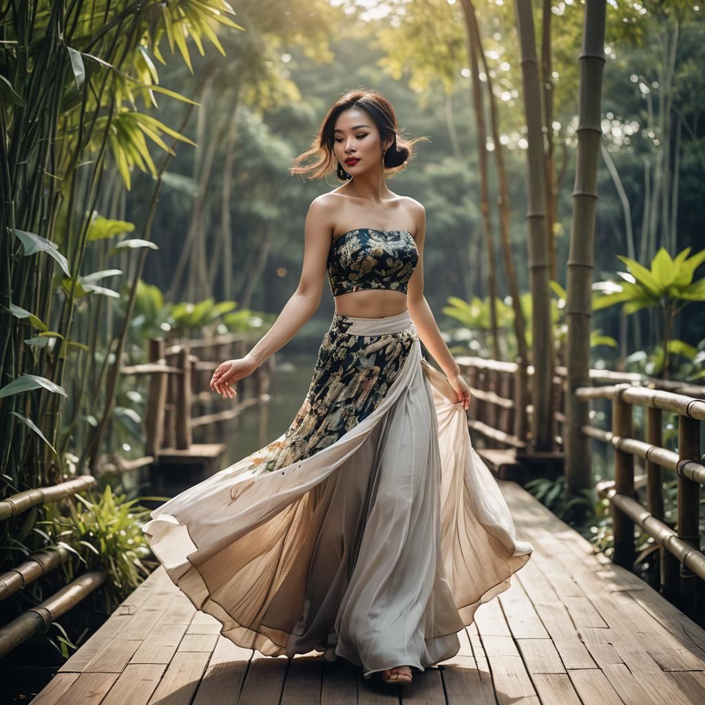Vietnamese Model in Enchanted Pose by Lotus Lake