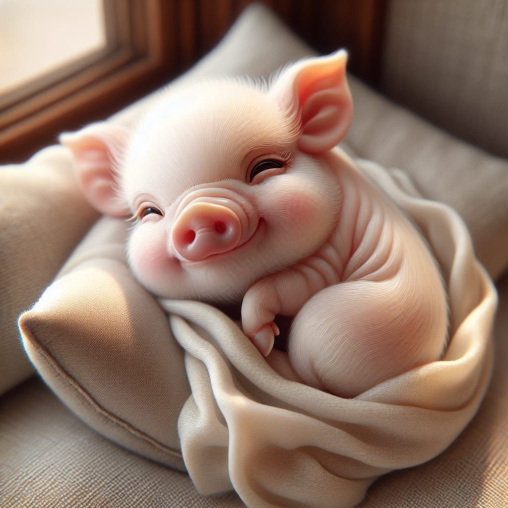 Adorable Teacup Piglet Curled Up in a Blanket