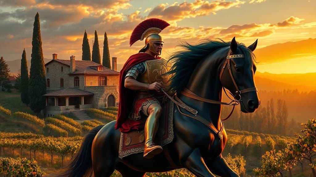 Roman Soldier Returns Home in Golden Sunset