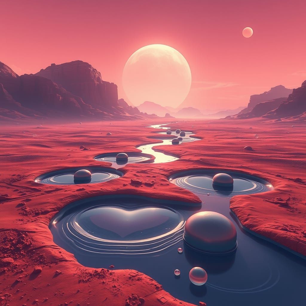 Surreal Martian Landscape with Heart-Shaped Bubbles in a Vib...