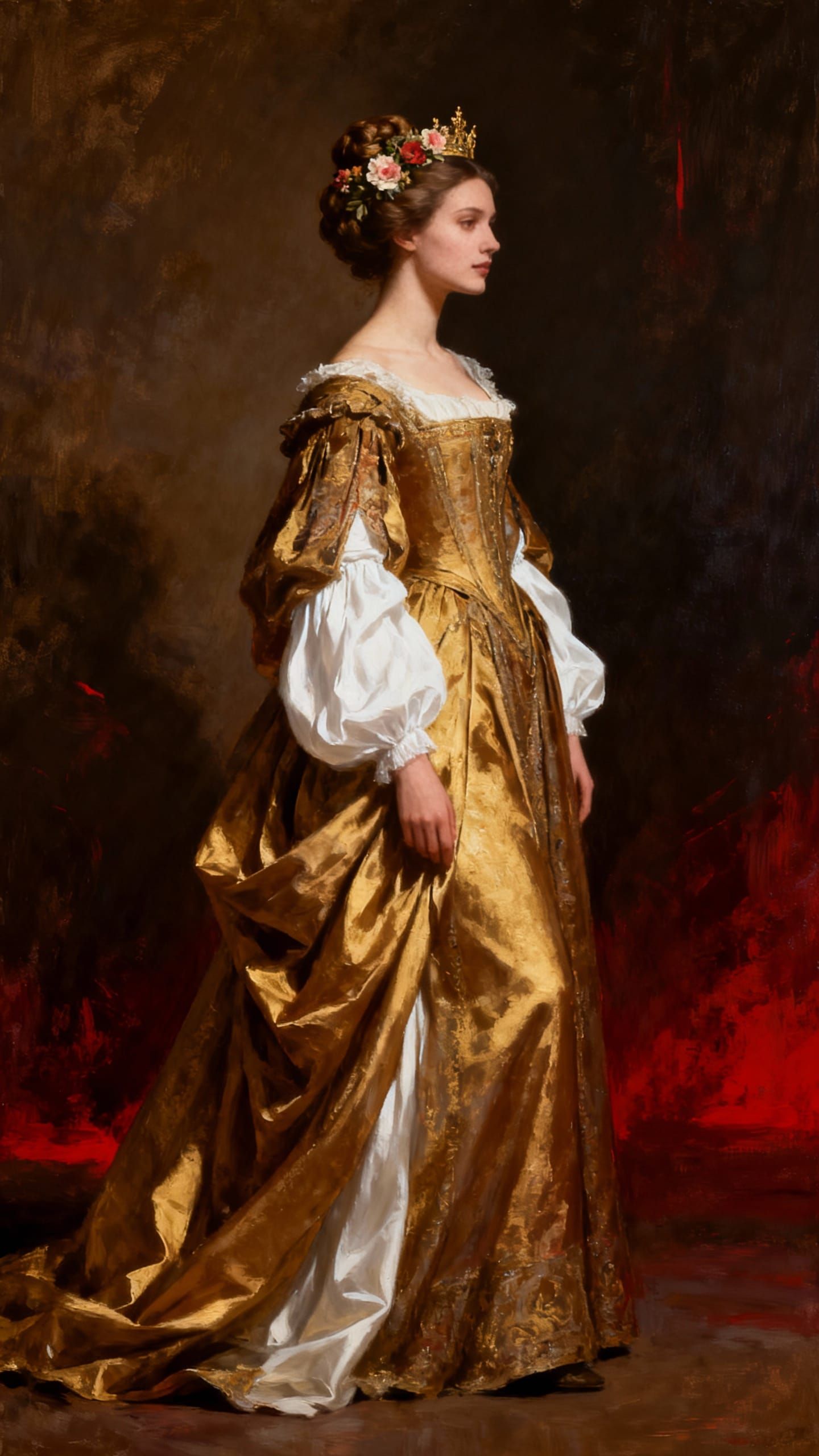 Renaissance Woman in Golden Gown, Moody Background