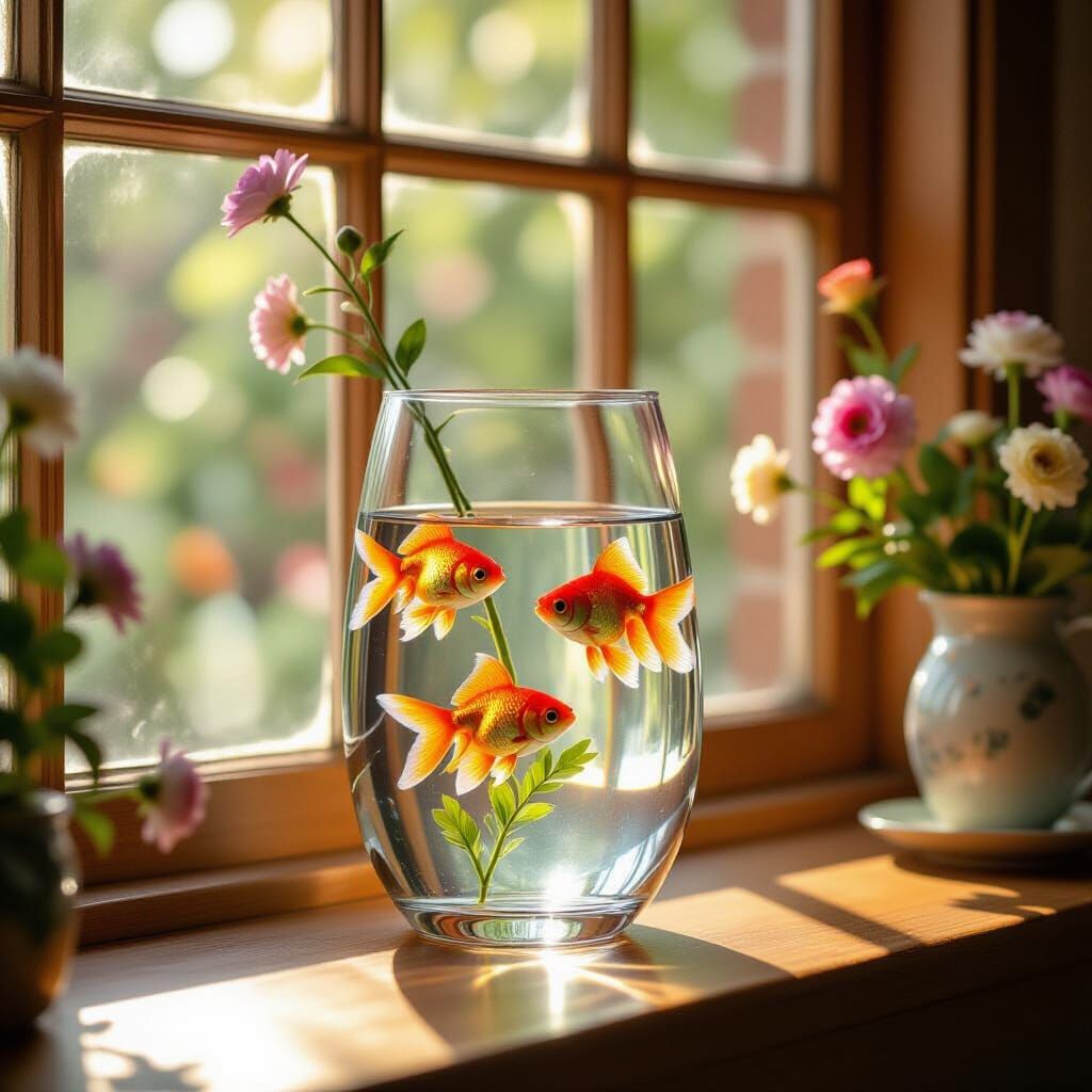 Goldfish in Vase with Sunlight, Boehm-like Realism