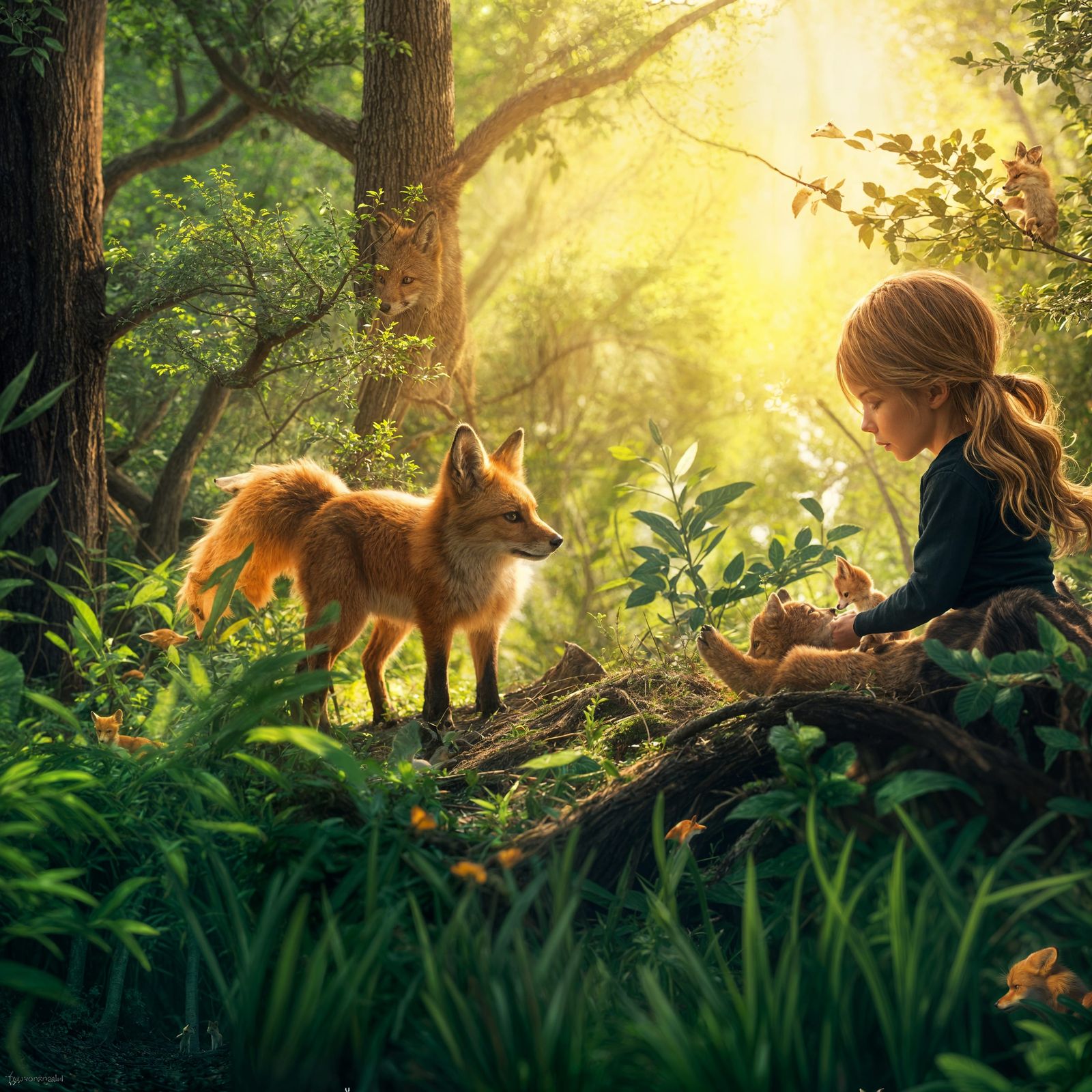 Girl and Fox Cub Playing in Forest, Digital Illustration