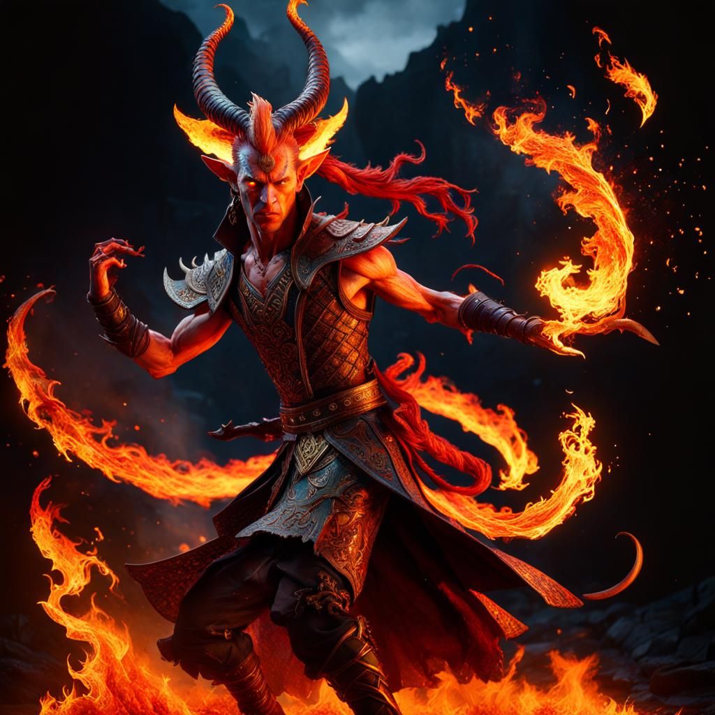 Young Tiefling Twirling in Stop Motion Flames