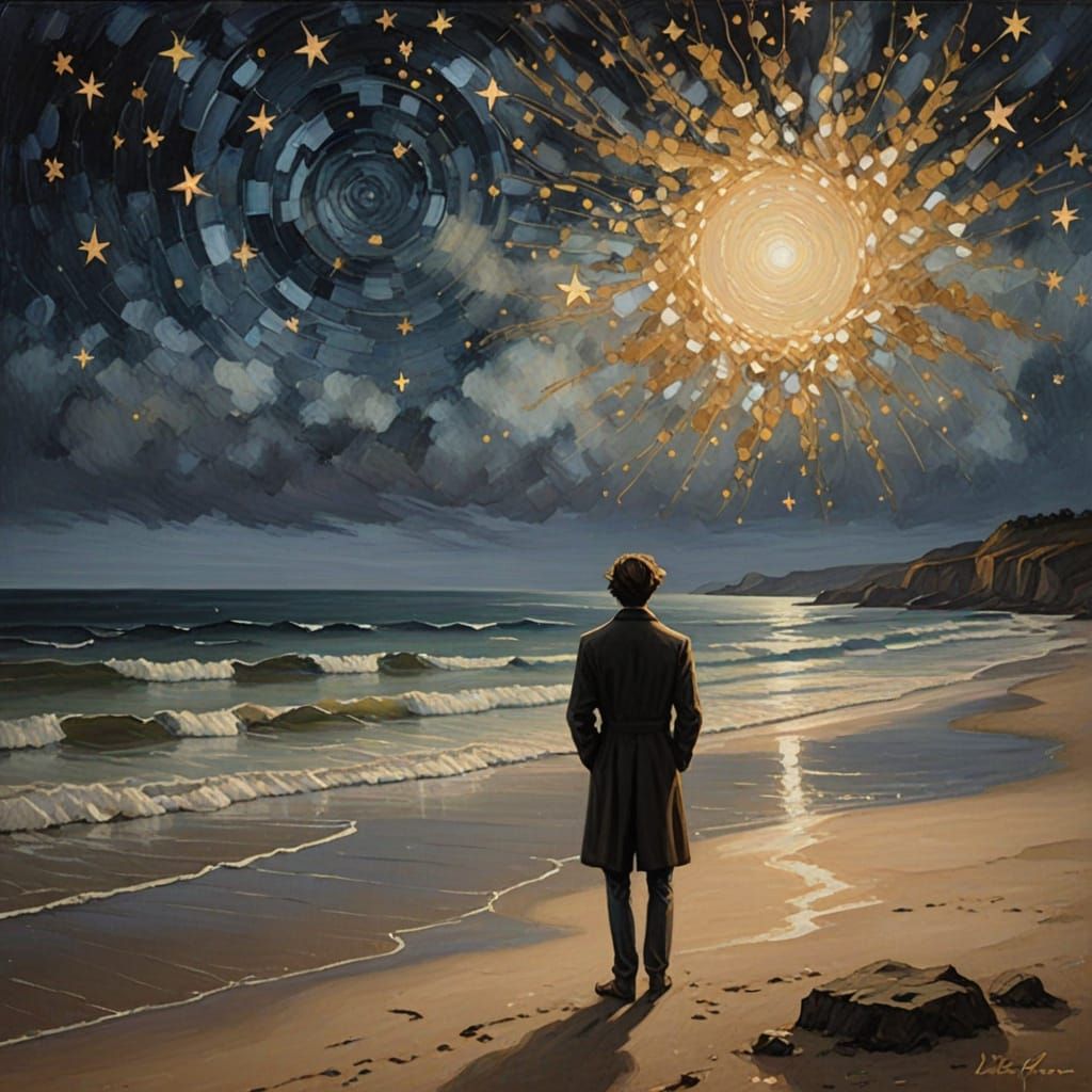 Romantic Starry Night Painting of Tranquil Ocean