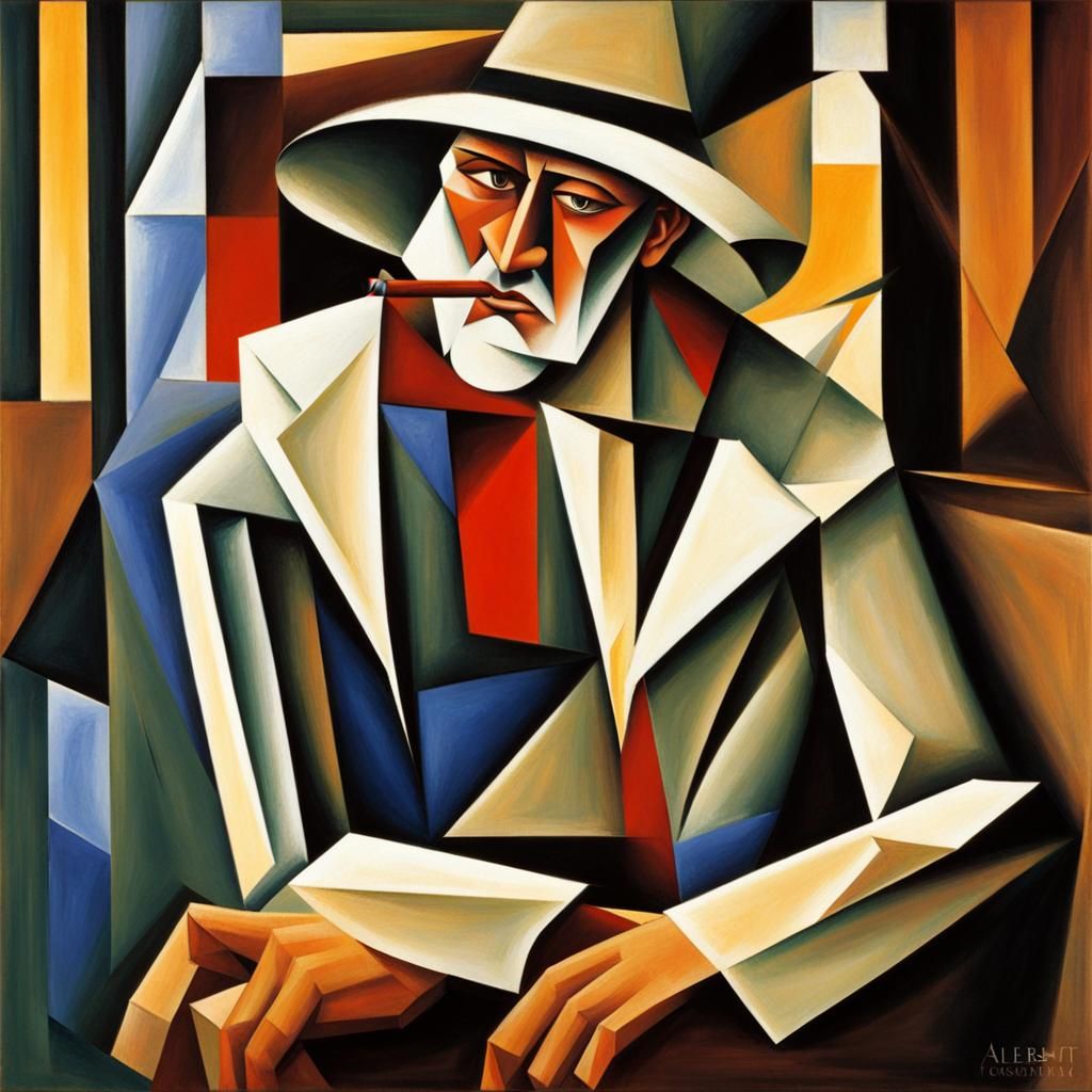 Weathered Sailor Smoking: Abstract Cubism Art