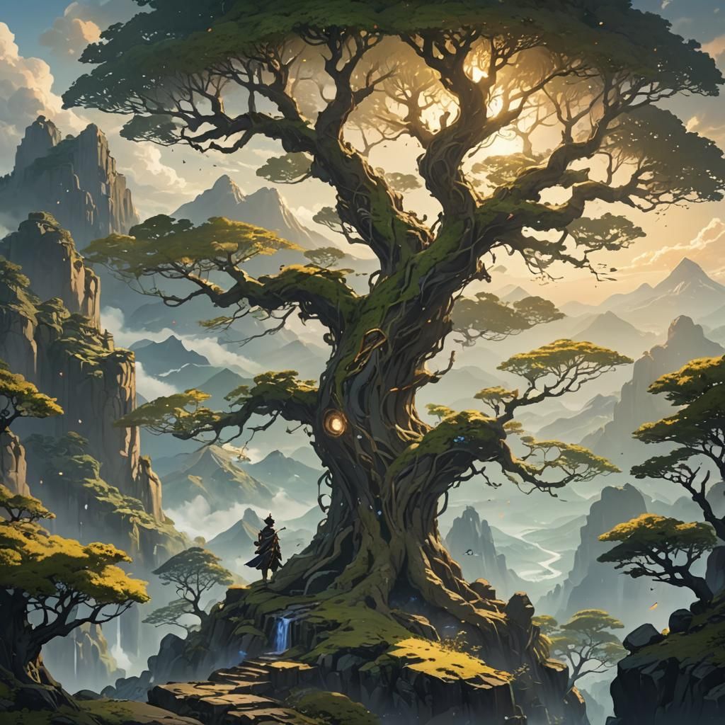 Majestic Tree on Mystical Peak: Anime Style Art