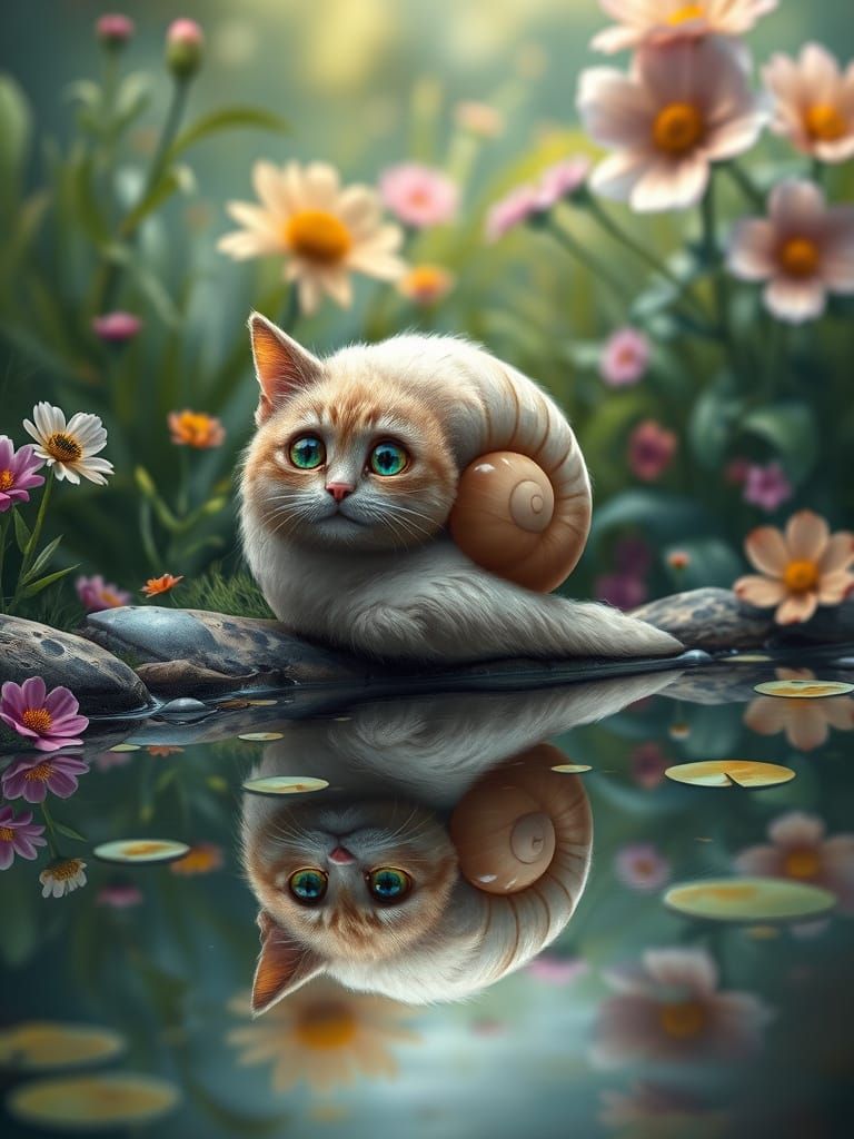 Whimsical Snail-Cat in Dreamlike Garden Scene