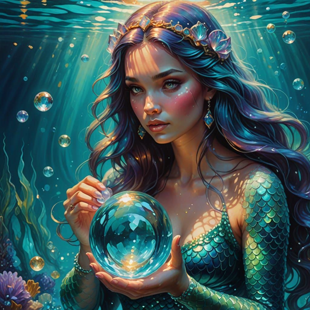 Enchanting Mermaid Holding Crystal Ball: Oil Painting