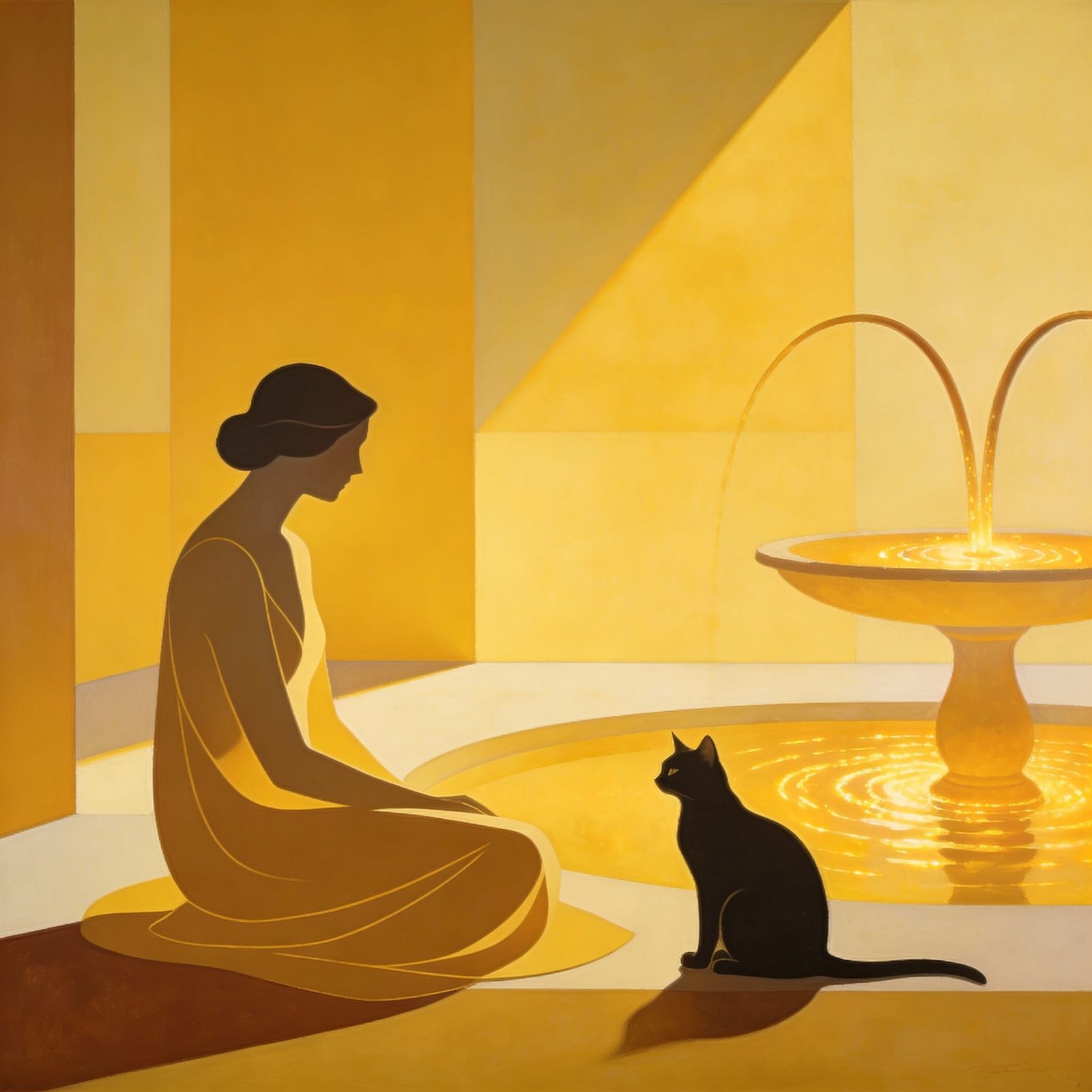 Serene Yellow Room with Woman and Cat