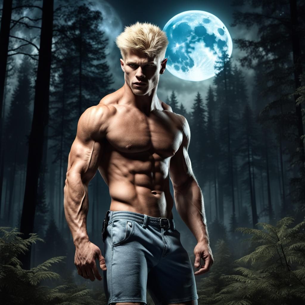 Werewolf Man in Forest Under Full Moon
