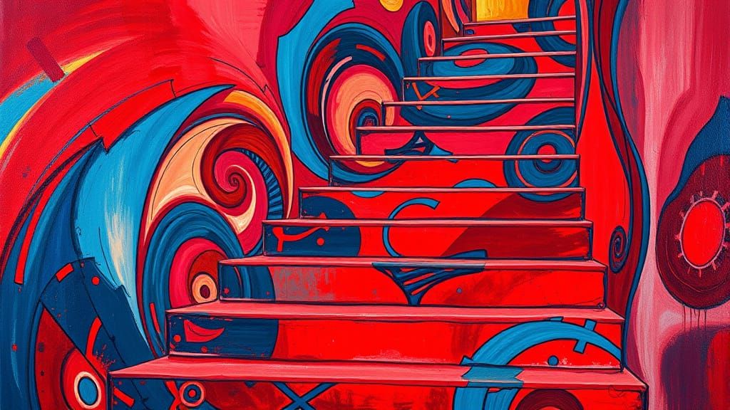 Bold Cubist Stair Art in Vibrant Red and Blue