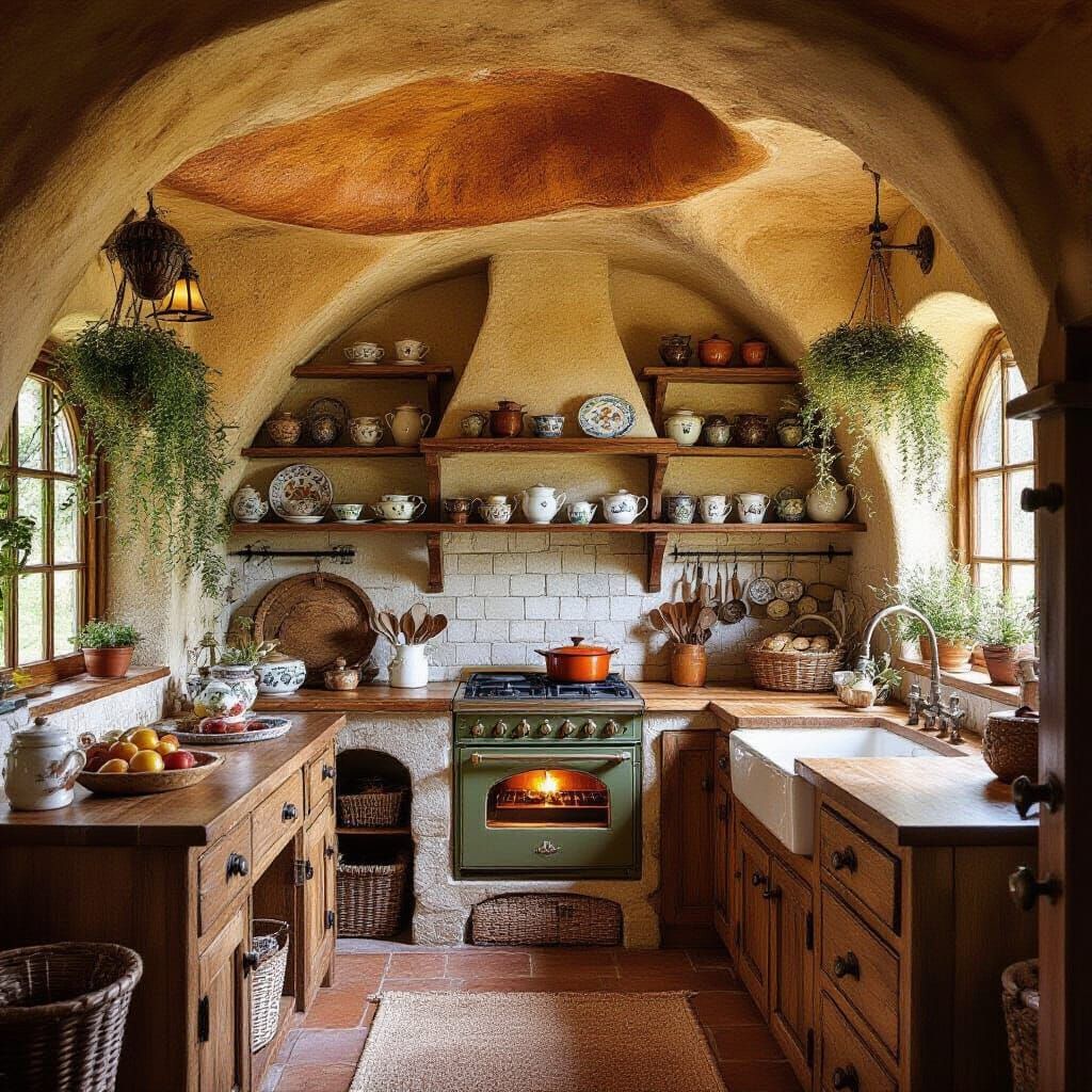 Rustic Kitchen Under Mushroom Cap in Folk Art Style