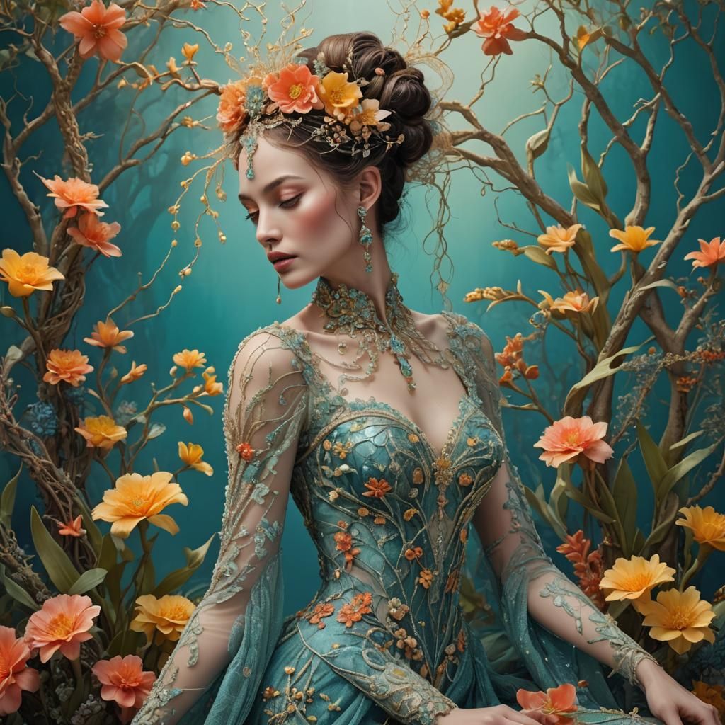 Woman in Haute Couture with Biomechanical Art Nouveau