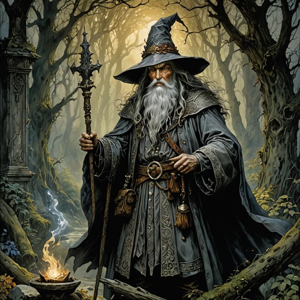 Enigmatic Grey Wizard in Dark Fantasy Style