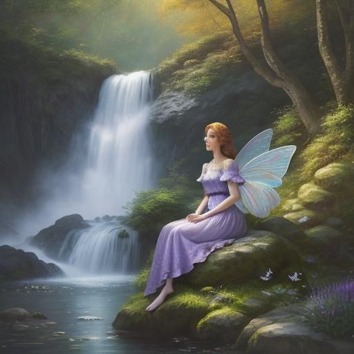 Pointillist Fairy at Waterfall