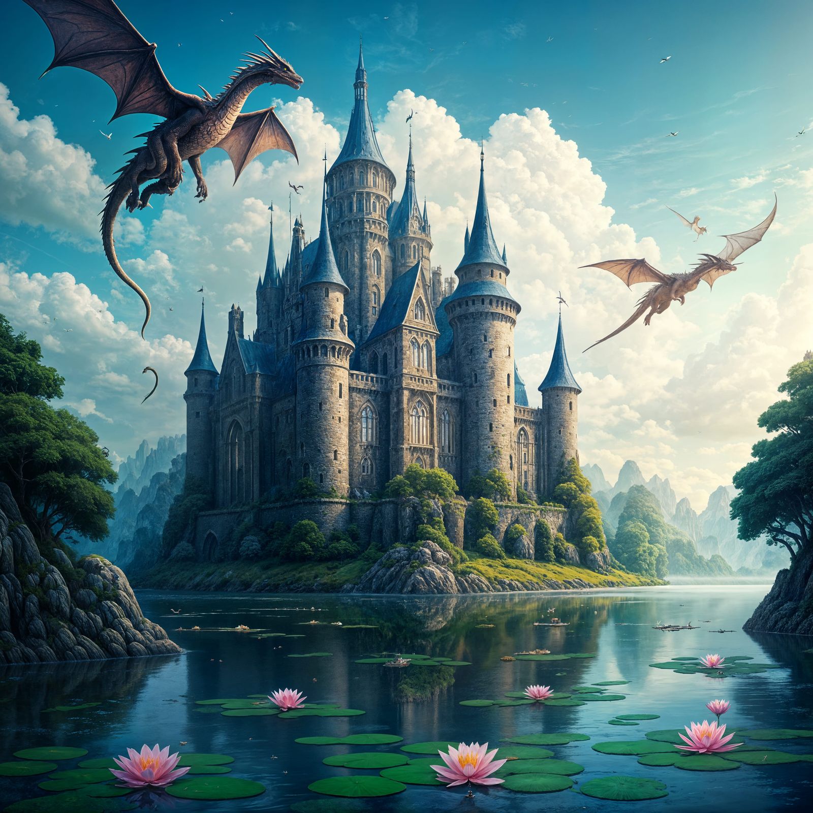 Fantasy Castle Shines with Majestic Dragons in Iridescent Fl...