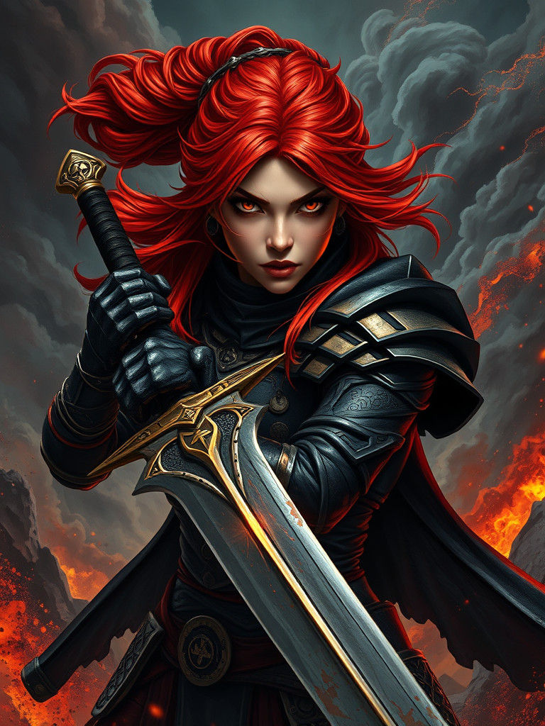 Fierce Red-Haired Warrior in Dark Fantasy Style