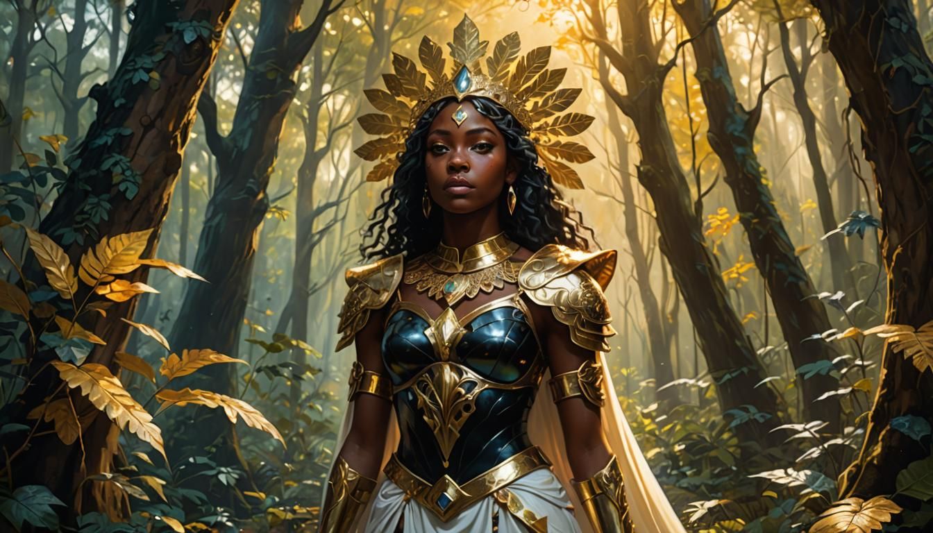 Black Princess in Mystical Forest, Oil Painting