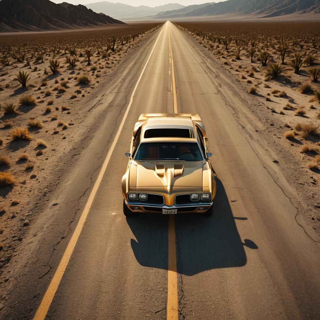 Pontiac TransAm in gold driving through Death valley