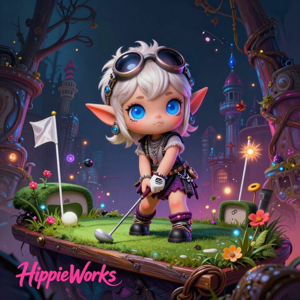 Adorable Elf Playing Golf in Bohemian Cyberpunk Style