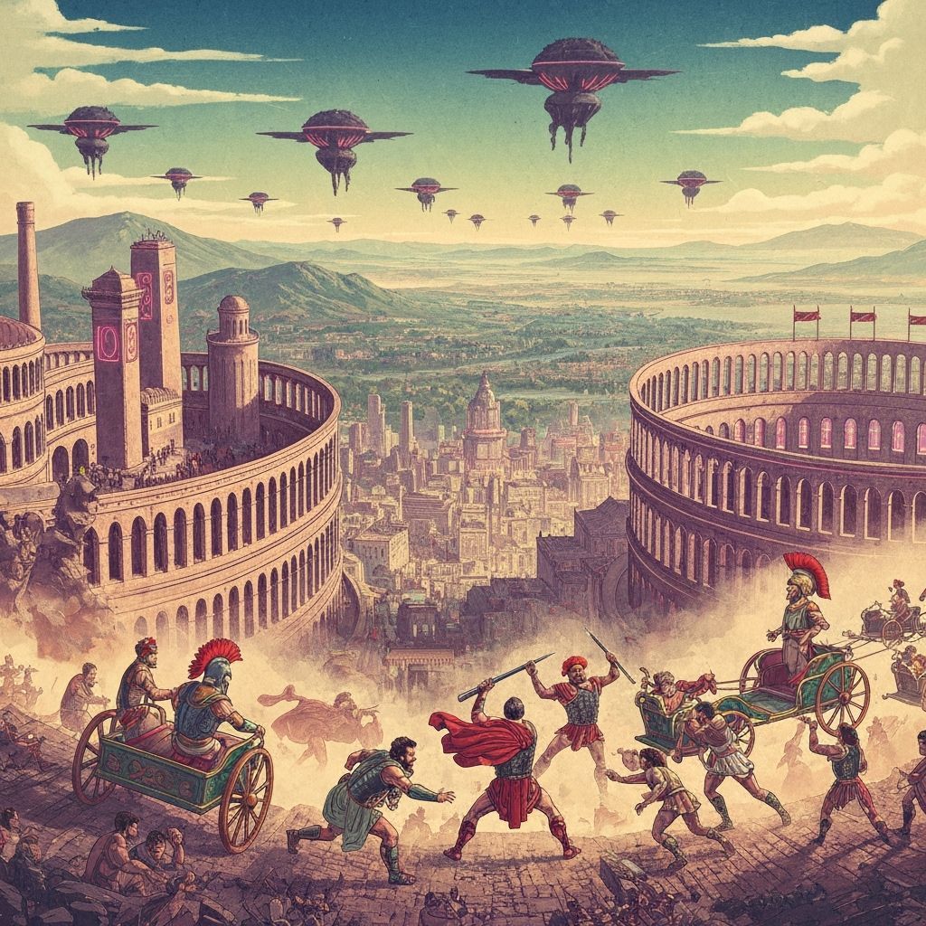Vivid ukiyo-e style in  Futuristic Roman Empire city, great ...
