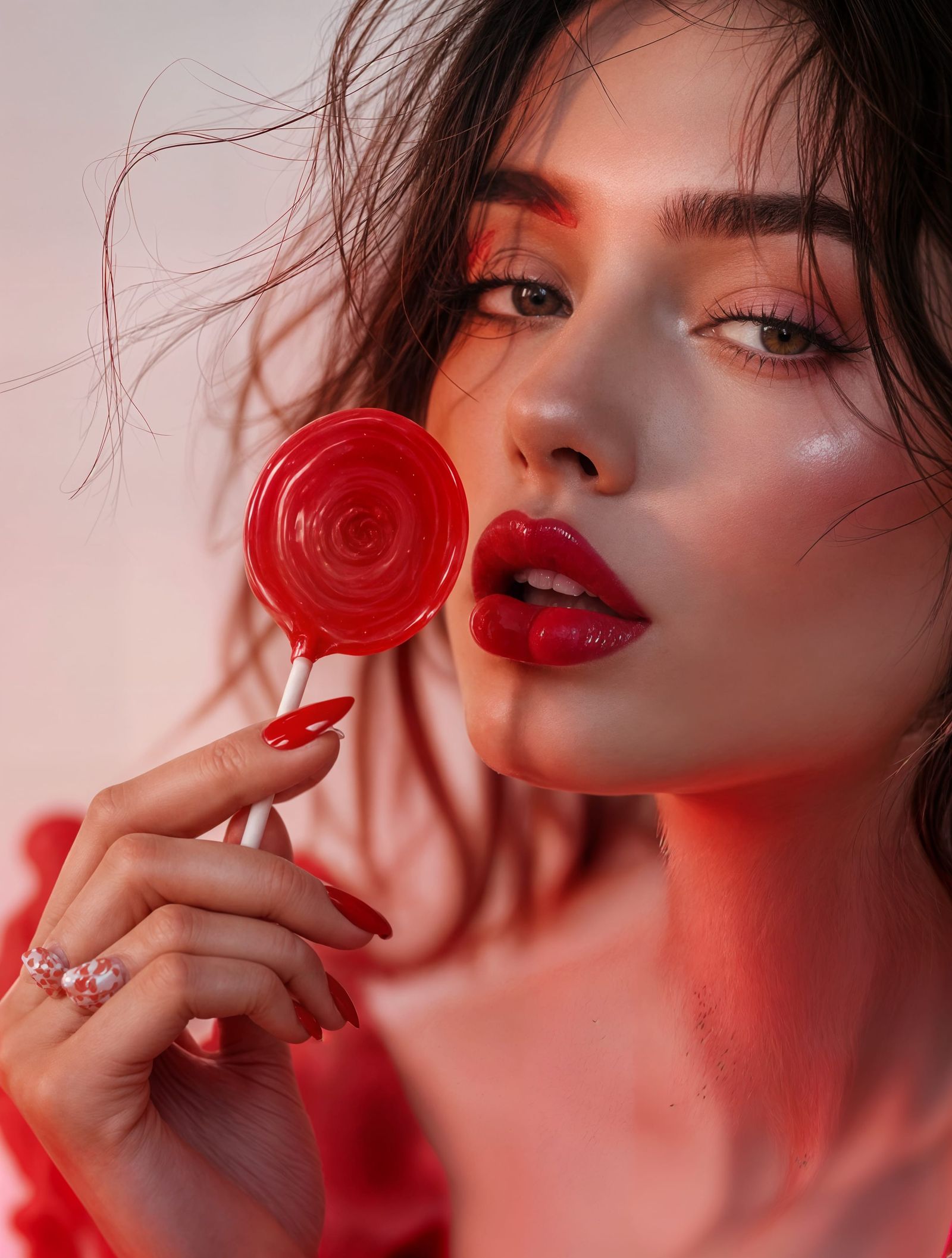 Soft-Lit Portrait of Character Indulging in Red Candy