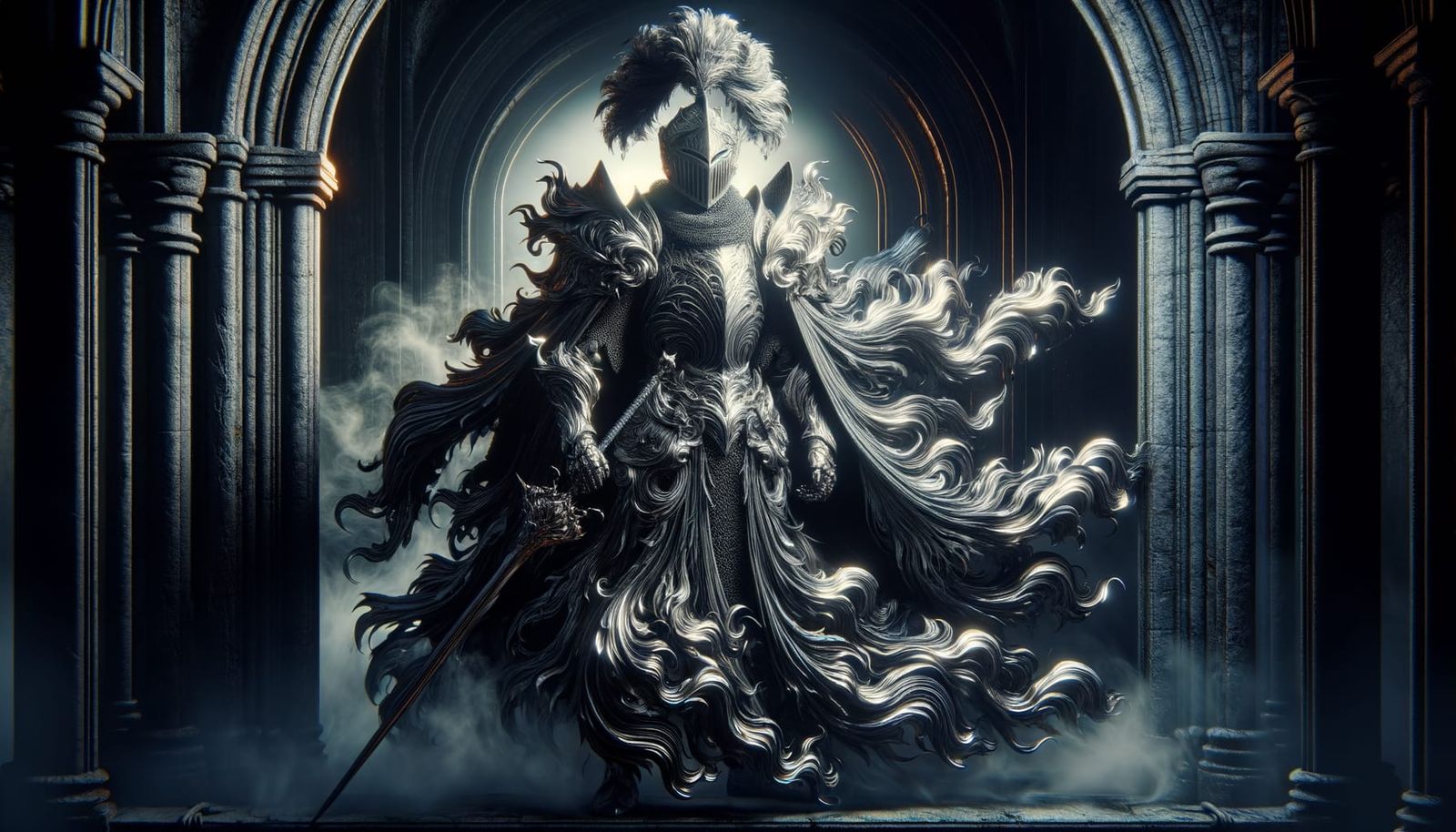 Armored Knight Guards Afterlife Gateway in Tenebrism Style