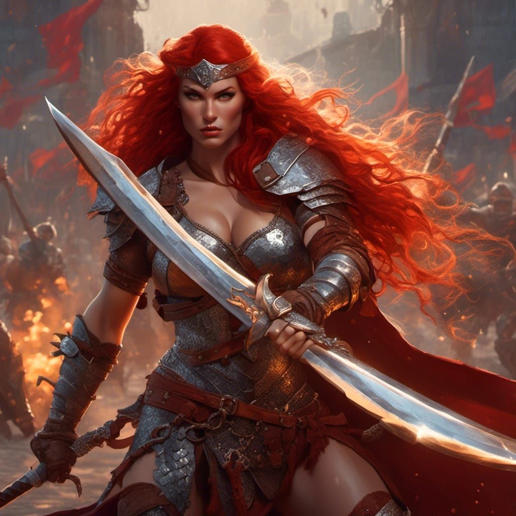 Red Sonja Warrior in Revealing Armor: Hyperreal Portrait