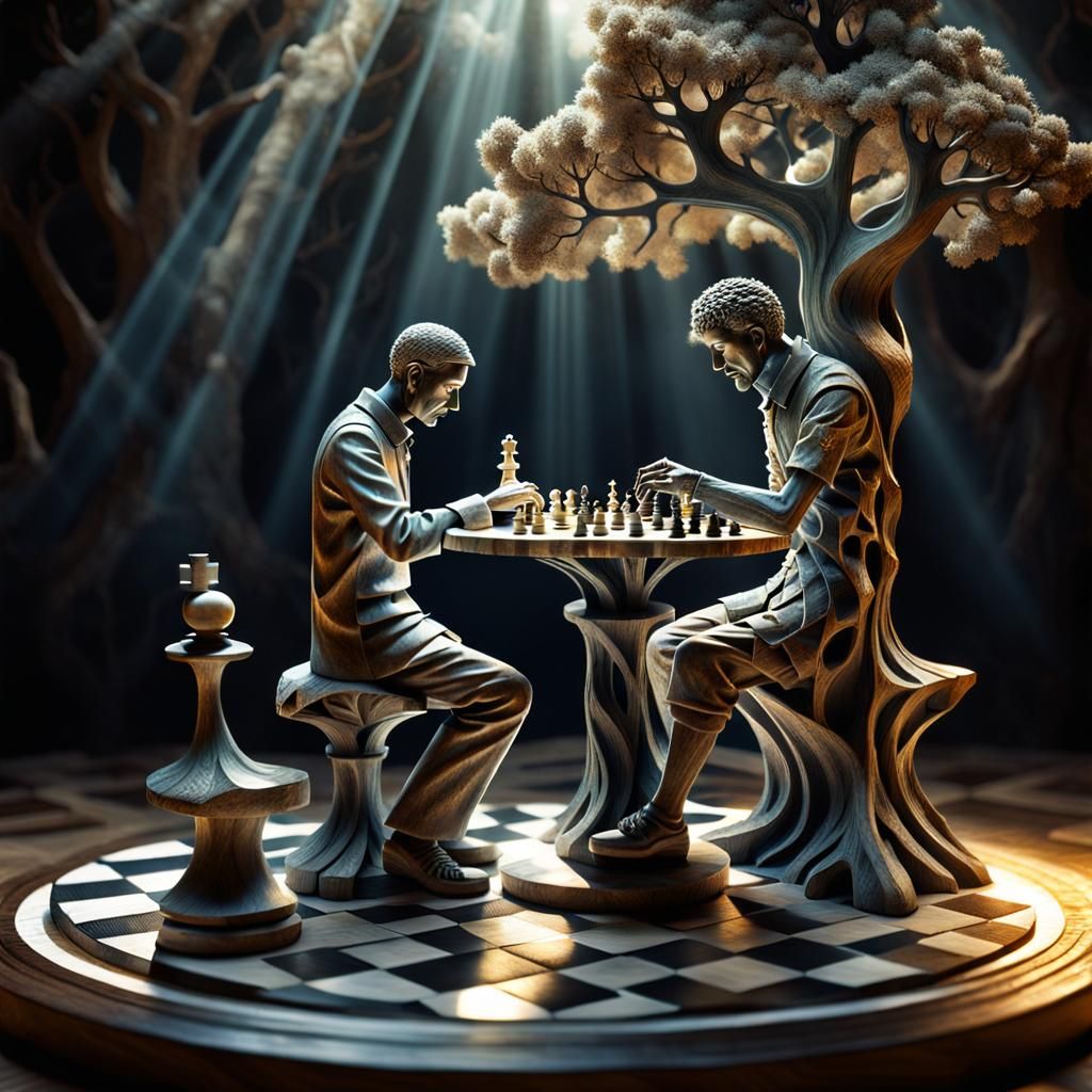 Surreal Tree-Man Chess Sculpture in Marble