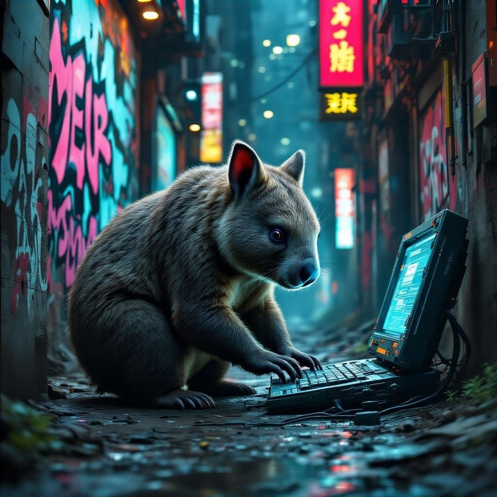 Cyberpunk Wombat Hacks Neon City
