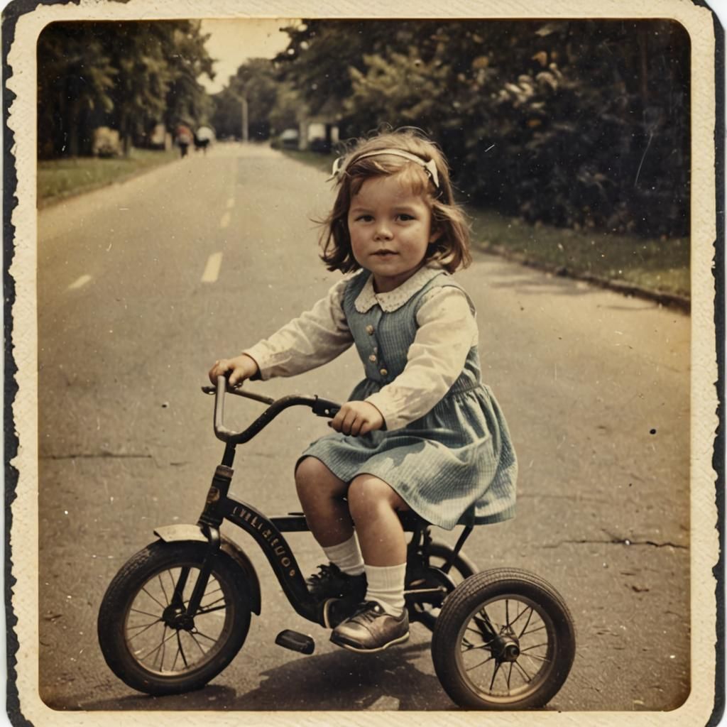Vintage Polaroid of Girl on Tricycle