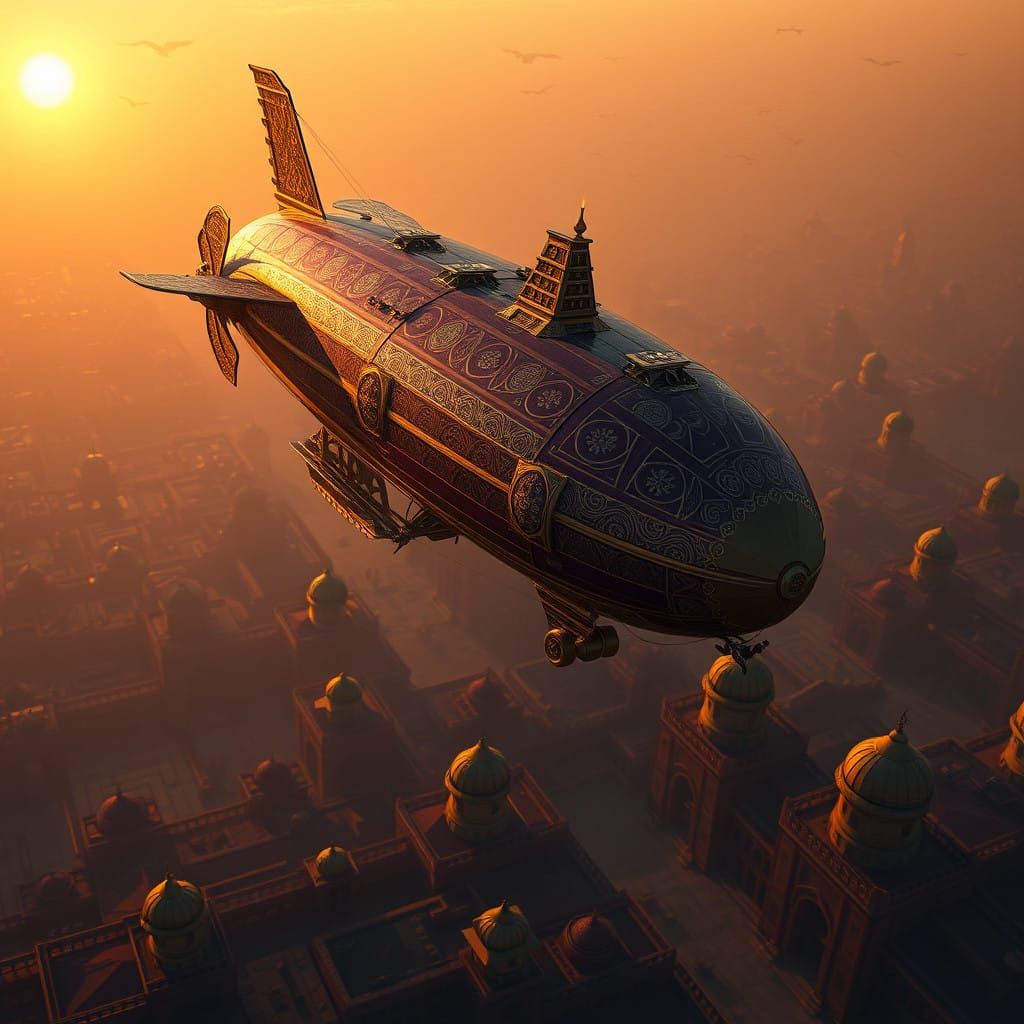 Diesel-punk theme, 1920s style, civilian airship over an old Arab city as the sun is setting, 8k resolution concept art ...
