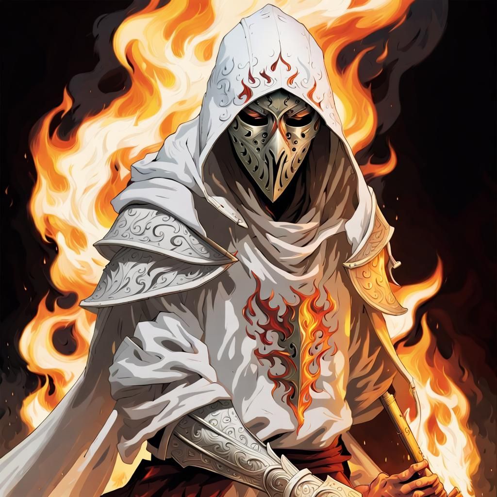Flaming Sword Held by Hooded Figure
