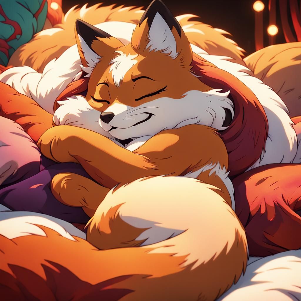 Female Kitsune Lounging in Whimsical Anime Style