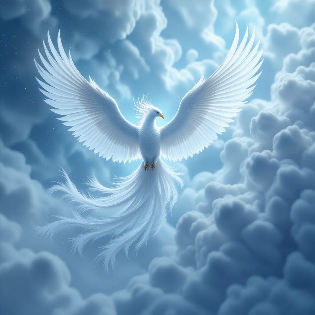 White Phoenix Soaring Through Iridescent Nebula