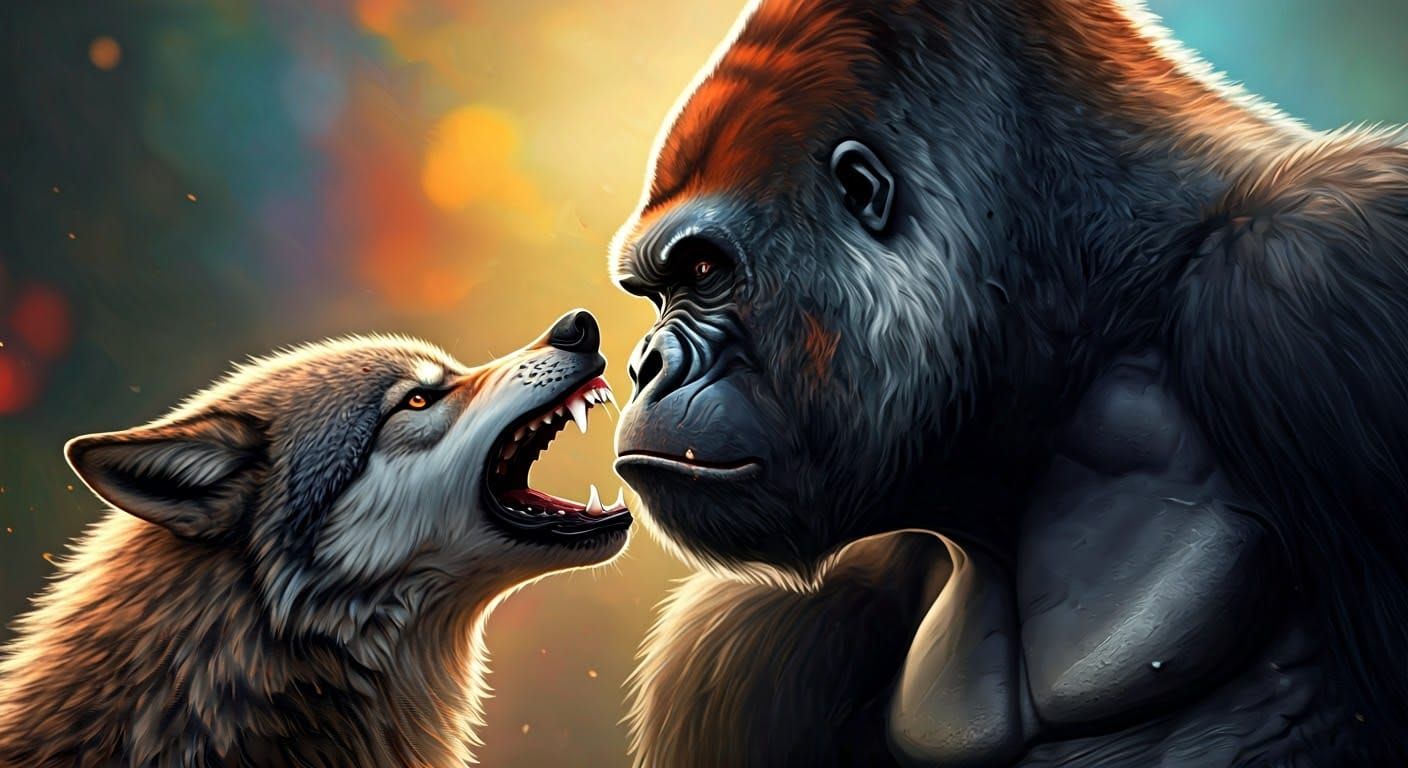 Colossal Gorilla vs Snarling Wolf in Hyperrealistic Style