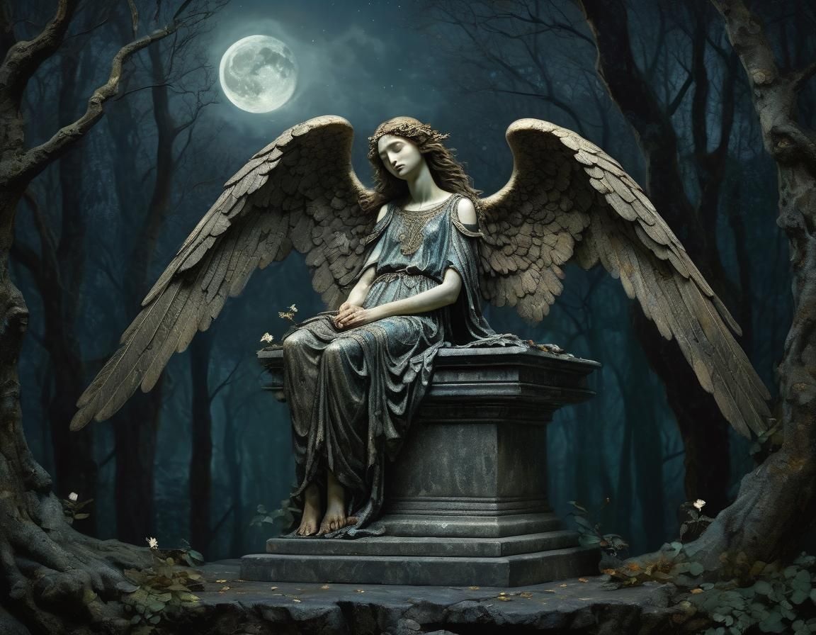 Fallen Angel in Forest, Art Nouveau Oil Painting