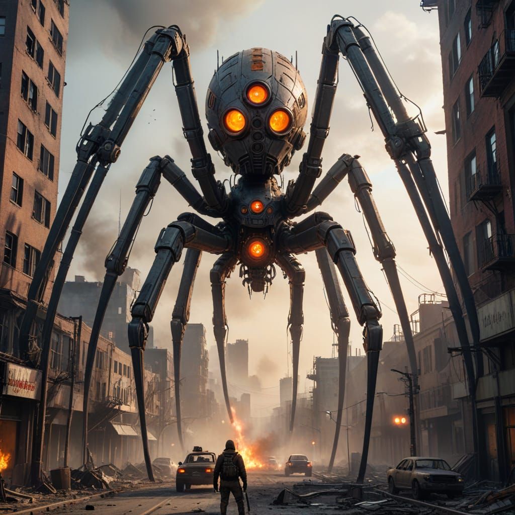 Giant Mechanical Spider Destroys Post-Apocalyptic City
