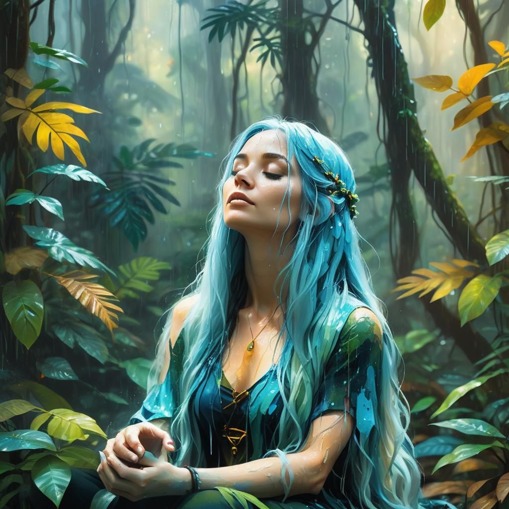 Mystical Girl Meditating in Rainforest: Fantasy Illustration