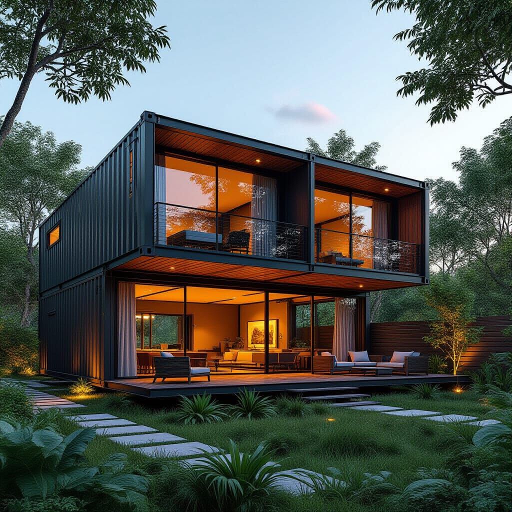 Stylized Shipping Container House Amidst Lush Greenery
