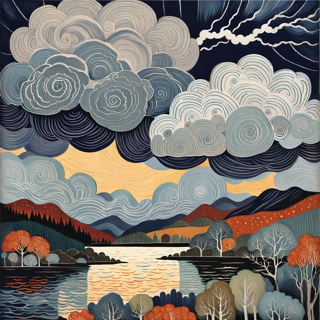 Dramatic Storm Clouds in Folk Art Style