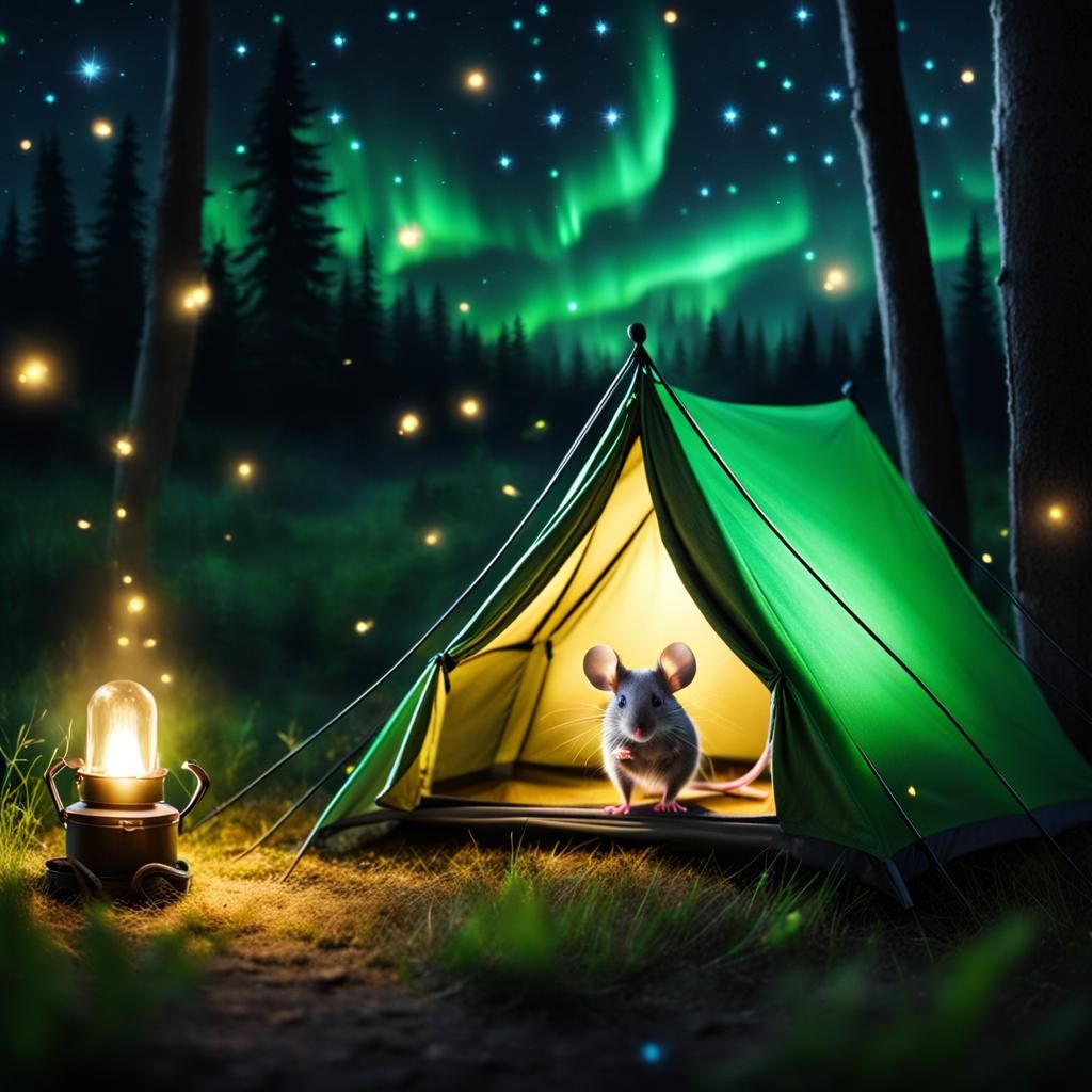 Hyperrealistic Mouse Campsite Under Aurora Sky