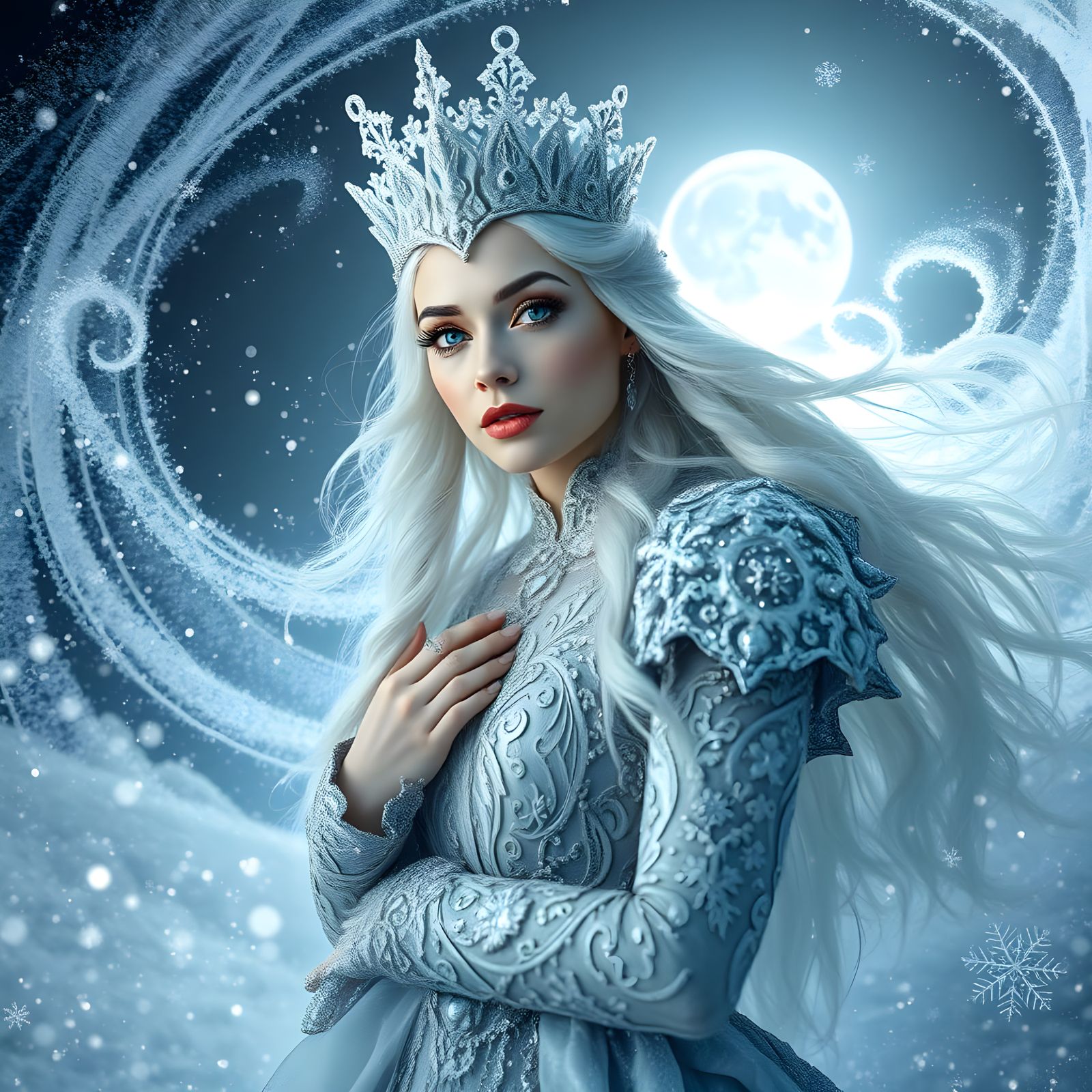 Frost Queen in Icy Splendor, Surrounded by Swirling Snow and...