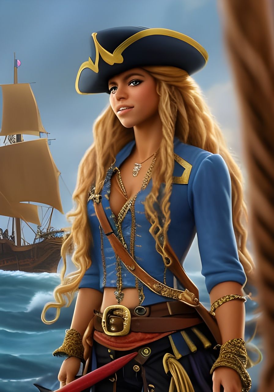 Portrait of shakira as pirate Elizabeth Turner from disney movie "Pirates of the Caribbean".  Intricate _details. Elabor...