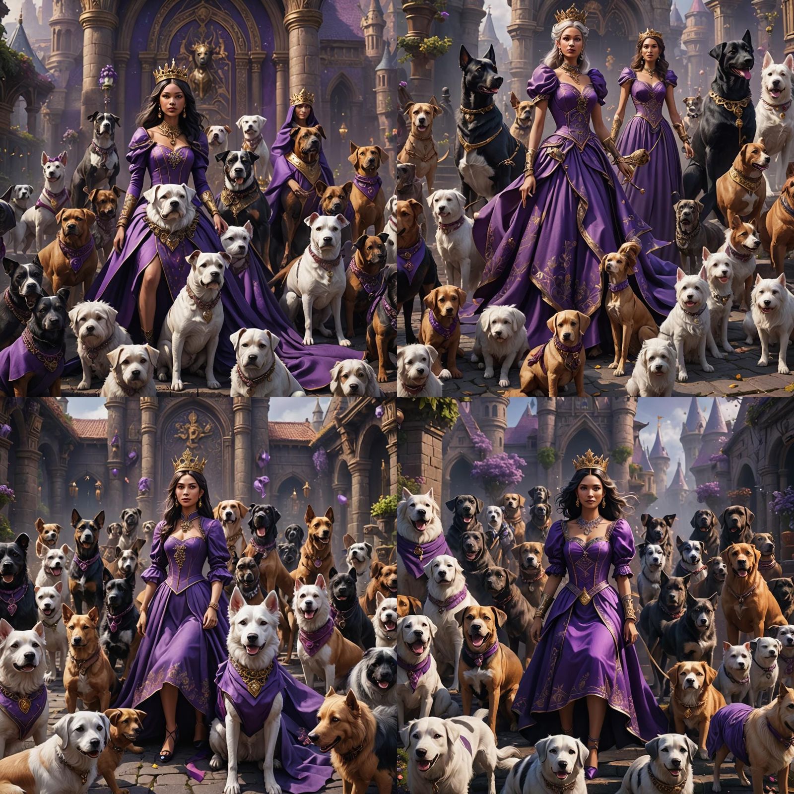 Dog Queen in Purple Dress, Detailed Digital Art